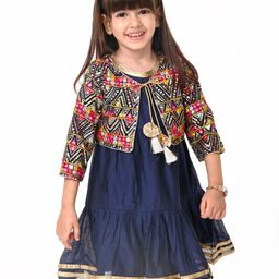 Babyhug Woven Solid Dress With Three Fourth Sleeves Embroidered Jacket & Tassle Detailing - Navy Blue-image-95