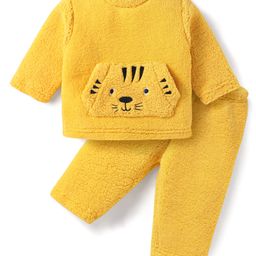 Babyhug Woven Full Sleeves Fur Winter Wear T-Shirt & Joggers Set with Bear Embroidery & Kangaroo Pockets -Yellow-image-62