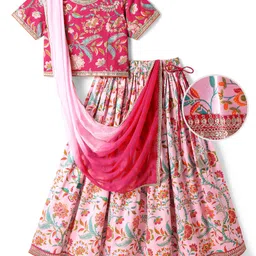 EARTHY TOUCH Single Jersey Knit Half Sleeves Choli Lehenga Set with Dupatta Floral Print & Tassle Detailing - Pink-picture-4