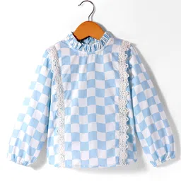 Hugsntugs Cotton Full Sleeves Checkered & Lace Embellished PrintedTop - Blue & White-picture-2