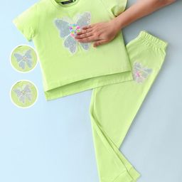 Tiara Cotton Jersey Half Sleeves Butterfly Sequins Embellished Top With Coordinating Pant Set - Lime Green-image-84