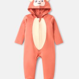Babyhug Cotton Knit Full Sleeves Footed Sleepsuit with Hood & Bear Patch - Coral-image-10