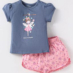 CUCUMBER Sinker Knit Half Sleeves Shorts Night Suit With Fairy & Floral Print - Navy Blue & Pink-image-88