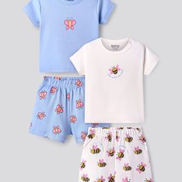 Bonfino 100% Cotton Half Sleeves Shorts Night Suit With Bee & Butterfly Print Pack Of 2 - Ivory & Light Blue-picture-40