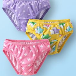 Babyhug 100% Cotton Single Jersey Knit Panties With Polka Dots & Star Print Pack Of 3 - Pink Purple & Yellow-image-79