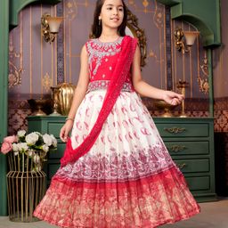 Aarika Georgette Sleeveless Mirror Embroidered & Paisley Printed Lehenga Choli With Dupatta Set - Rani Pink & Cream-image-57
