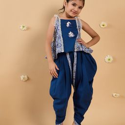 Pspeaches Slub Jersey Sleeveless Ethnic Printed Lace Detailed Coordinating Kurta & Dhoti Set - Blue-image-78
