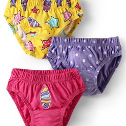 Babyhug 100% Cotton Antibacterial Panties With Polka Dots & Ice Cream Print Pack Of 3 - Purple Dark Pink & Yellow.-image-91