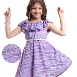 Hola Bonita Woven Sleeveless TexturedSolid Colour Frock With Belt - Purple-picture-20