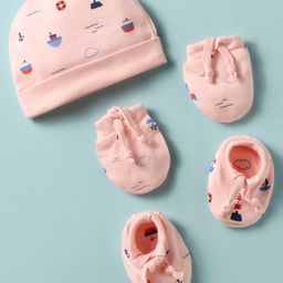 Simply Interlock Knit Cap Mitten & Booties Set with Boat Print Baby Pink - Diameter 15.5 cm-16