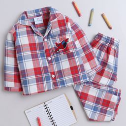 Knitting Doodles Pure Cotton Woven Full Sleeves Aeroplane Patch Detailed Checked Coordinating Night Suit Set - Red & Blue-image-37