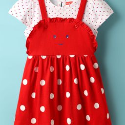 Babyhug Cotton Knit Frock & Cap Sleeves Inner Tee With Polka Dot Print - Red & White-picture-22