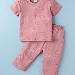 Tango Single Jersey Knit Half Sleeves Co-ords Night Suit with Bear Print - Rose Gold-image-69