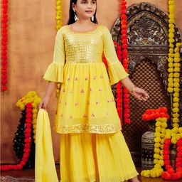 Aarika Georgette Woven Three Fourth Sleeves Sequin Embellished & Mirror Work Embroidered Kurta Sharara With Dupatta Set - Yellow-picture-2