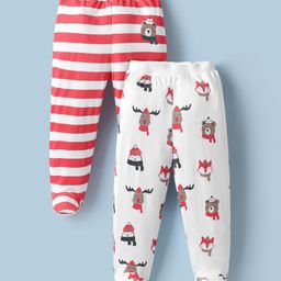 Bonfino 100% Cotton Knit Full Length Diaper Leggings With Stripes & Animal Print Pack Of 2 - Red & White-picture-42