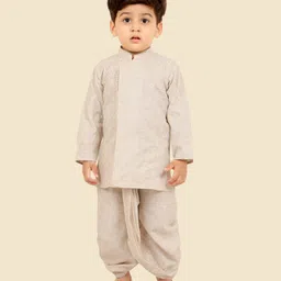 little desi Cotton Woven Full Sleeves Floral Embroidered & Sequins Embellished Dhoti Kurta Set - Cream-picture-2