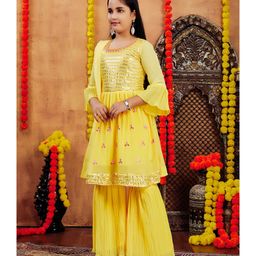 Aarika Georgette Woven Three Fourth Sleeves Sequin Embellished & Mirror Work Embroidered Kurta Sharara With Dupatta Set - Yellow image 5
