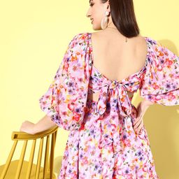 QUIERO Floral Printed Tie-Ups Detailed Puff Sleeve Georgette Fit & Flare Mini Dress-picture-53