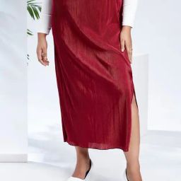 Globus Gloplus Women Maroon Mid-Rise Accodian Pleats Side Slits Plus Size Straight Maxi Skirt-image-26