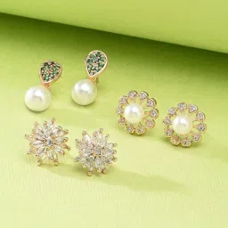 Zaveri Pearls Green Combo of 3 Cubic Zirconia Diamonds & Pearls Contemporary Stud Earrings-ZPFK9746 image 1
