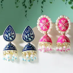 Zaveri Pearls Set of 2 Blue & Pink Meenakari Ethnic Jhumki Earrings-ZPFK15115 image 1