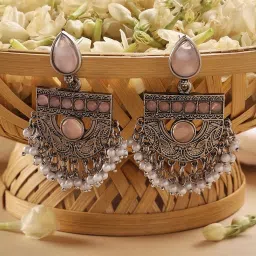 Zaveri Pearls Pink Silver Oxidised Stones & Beads Traditional Drops Earring-ZPFK16697 image 1