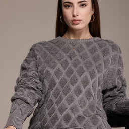 French Connection Self Design Textured Pure Cotton Pullover Sweater-picture-3