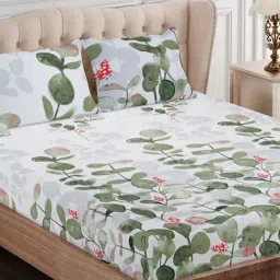 SEJ by Nisha Gupta Floral Green 210 TC Cotton King Bed Sheet with 2 Pillow Covers-image-3