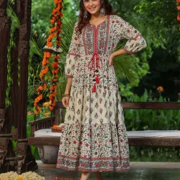 Rain and Rainbow Cream Cotton Printed Fit & Flare Kurta-picture-38