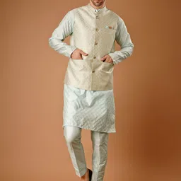 Dulha Ghar Floral Woven Design Cotton Silk Straight Kurta With Trouser & Nehru Jacket-picture-29