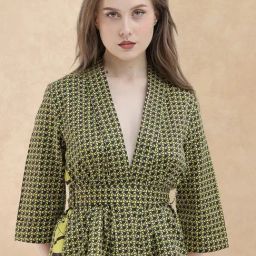 RAREISM Yellow Cotton Printed Three-Quarter Sleeves Shrug-image-28