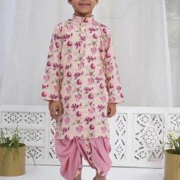 Little Bansi Boys Peach Cotton Floral Print Kurta Sets-image-94
