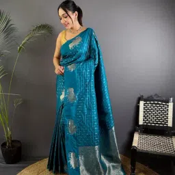 Elora Aqua Blue Lichi Silk Jacquard Zari Weaving Saree With Unstitched Blouse-picture-28