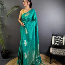Elora Teal Lichi Silk Jacquard Zari Weaving Saree With Unstitched Blouse-picture-40
