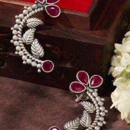 Priyaasi Pink Ruby Studded Oxidised Contemporary Drop Earring-30
