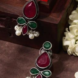 Priyaasi Ruby & Green Ruby Stone Studded & Beaded Oxidized Drop Earring-14