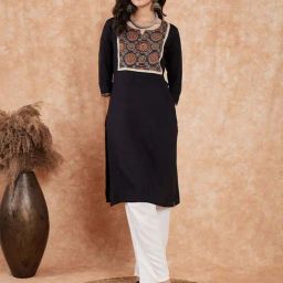 Inweave Black Cotton Printed Straight Kurta-image-46