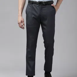 Blackberrys Men Navy Blue Self-Checked Lean Fit Low-Rise Trousers-image-58