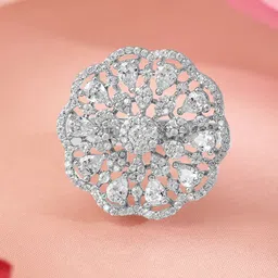 Rubans Rhodium-Plated Cubic Zirconia-Studded Floral Design Adjustable Finger Ring-8