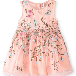 Babyhug Sleeveless Floral Embroidery Party Frock - Peach-picture-34