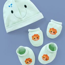 Babyoye 100% Cotton Cap Mittens And Booties Smiley Print Blue - Cap Diameter 12 cm-18