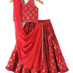 Babyhug 100% Cotton Woven Sleeveless Halter Neck Embroidered Choli Cambric Printed Tiered Lehenga & Dupatta Set - Red-image-62