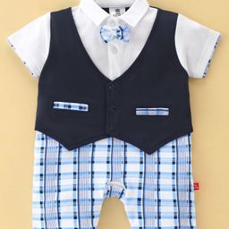 Mini Taurus Cotton Knit Half Sleeves Checked Party Romper with Bow- Blue-picture-10
