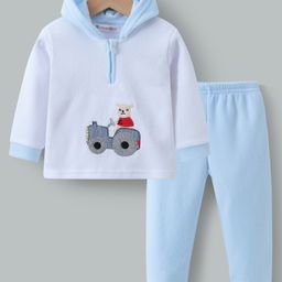 Kookie Kids Full Sleeves Hooded Front Zipper Winter Wear Suit With Teddy Embroidery - Blue & White-image-59