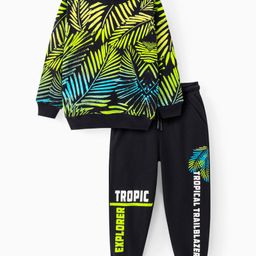Ollington St. 100% Cotton Knit Full Sleeves Sweatshirt  & Joggers Set With Tropical Print  Neon Green & Black-image-39