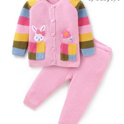 Babyoye Cotton Knit Full Raglan Sleeves Front Open Sweater Set with Bunny Patch & Floral Embroidery - Pink-picture-49
