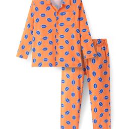 Pine Kids Cotton Knit Full Sleeves Collared Night Suit With American Football Print - Rust Orange-image-23