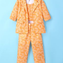 Enfance Full Sleeves Leaves Printed Jacket With Coordinating Crop Top & Pant Set - Yellow-image-17