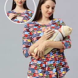 True Shape Three Fourth Sleeves Abstract Printed Maternity Top With Two Layer Lift Nursing Access - Red-image-27