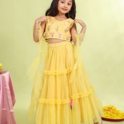 MASTARANG Sleeveless Floral Embroidered Lehenga Choli With Dupatta Set - Lemon Yellow-image-10